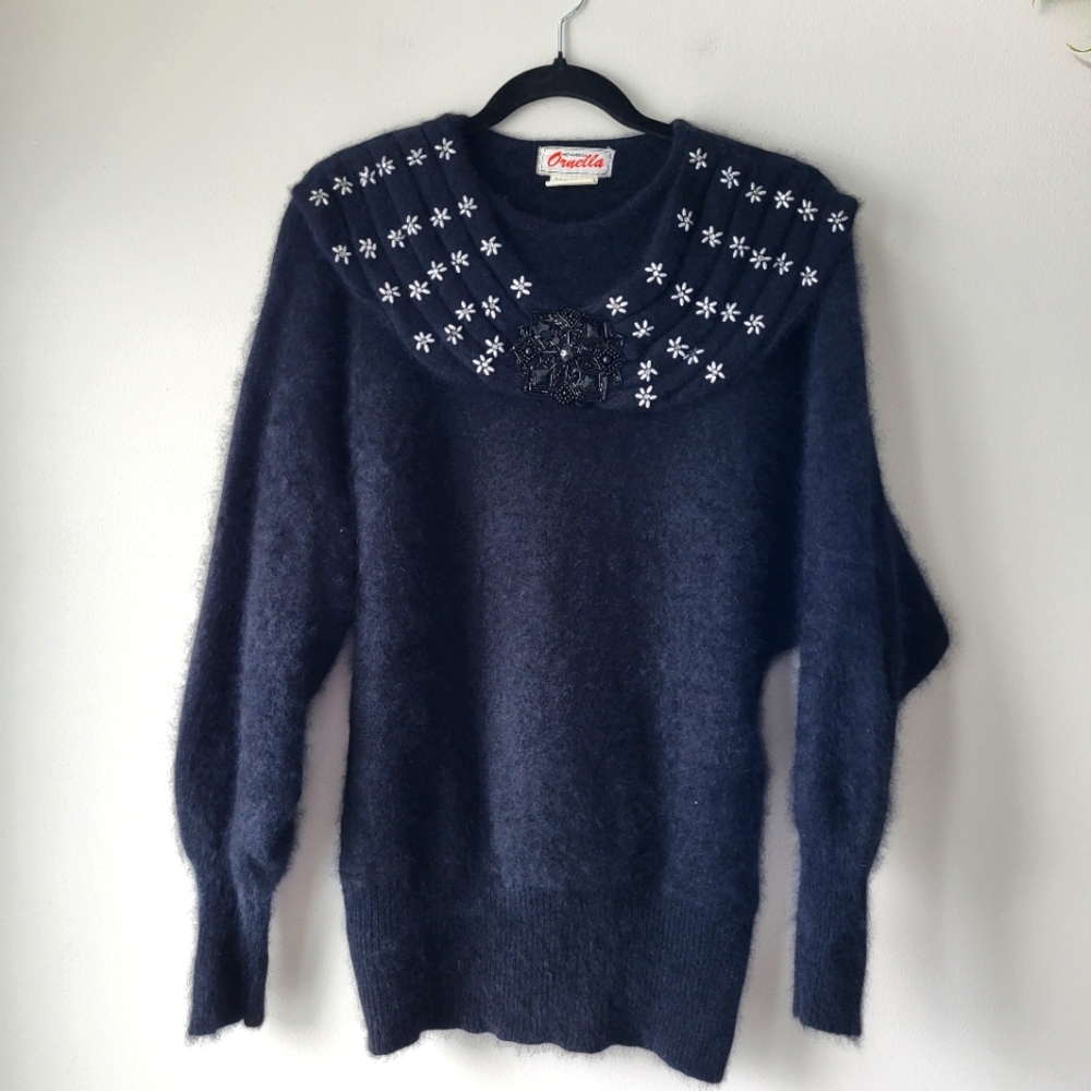Ornella Vintage Black Angora Beaded Embellished  Collar Feminine Sweater